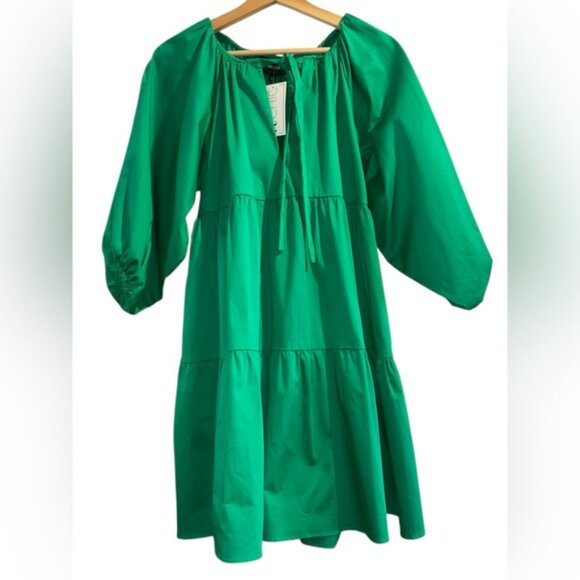 Cynthia Rowley Kasbah Cotton Poplin Balloon Sleeve Tie Neck Tiered Mini Tent Dre - Picture 3 of 6